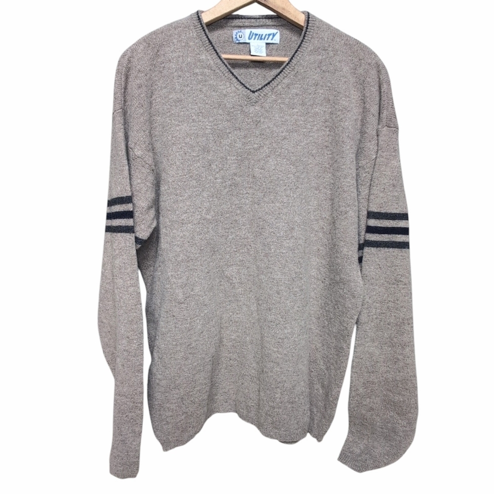 Vintage Y2K Utility Men's LARGE Lambs Wool Sweater V-neck Beige Brown Striped